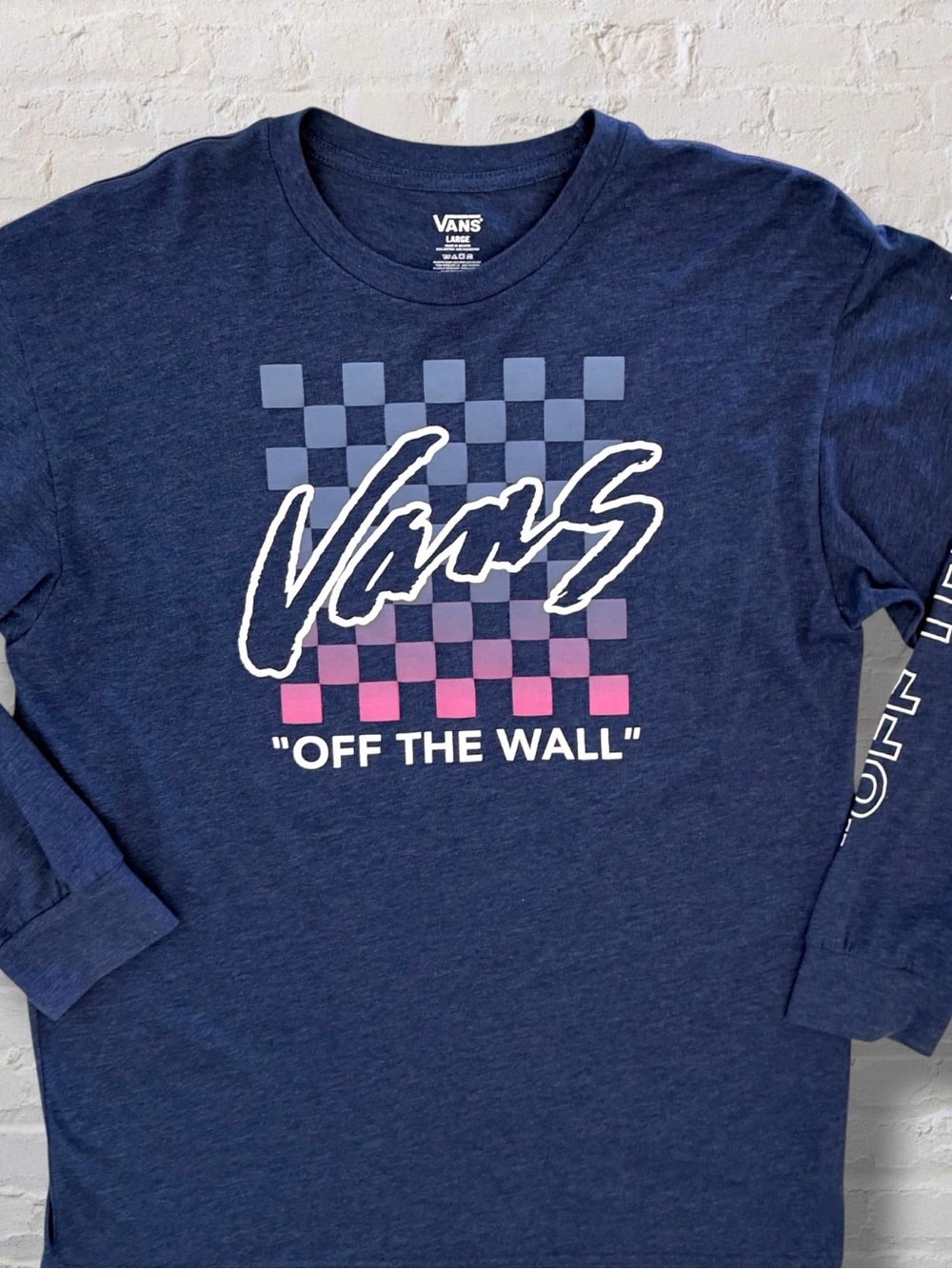 Vans Off The Wall Long Sleeve Graphic T-Shirt Blue Checkerboard Logo Mens Large